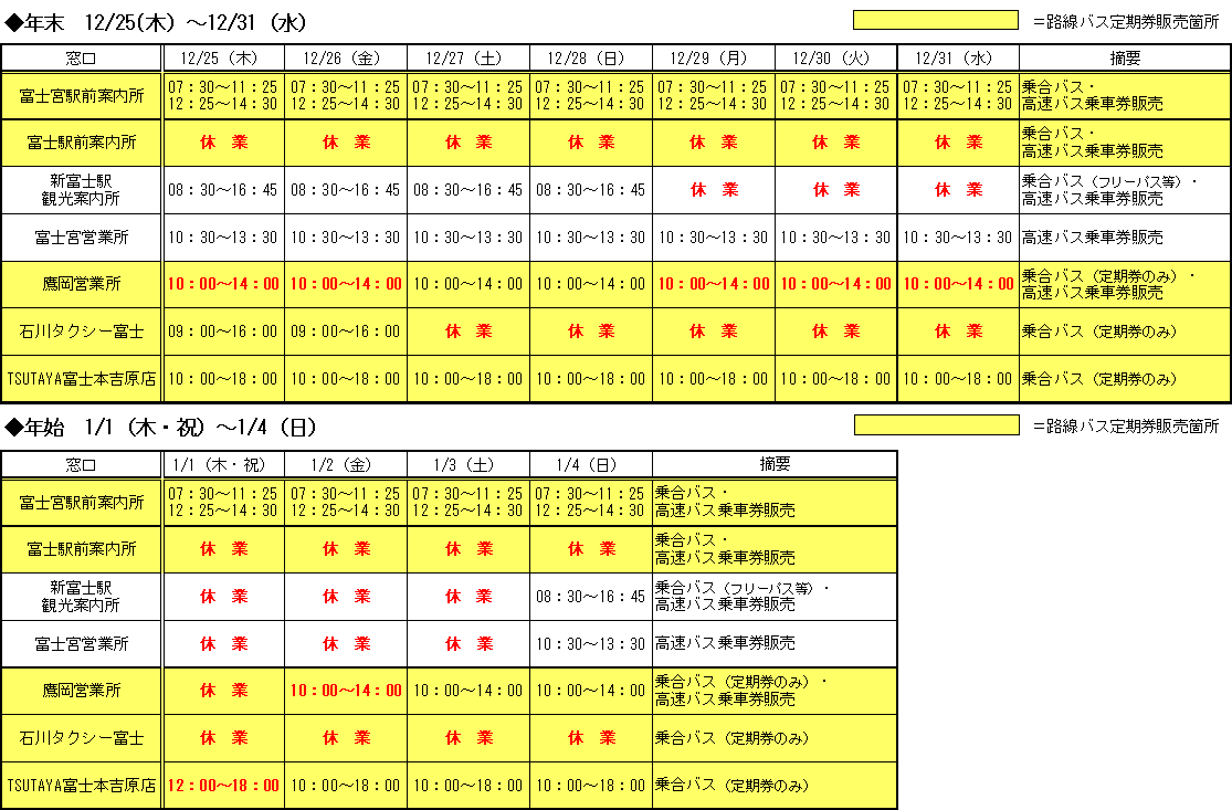 年末年始営業時間