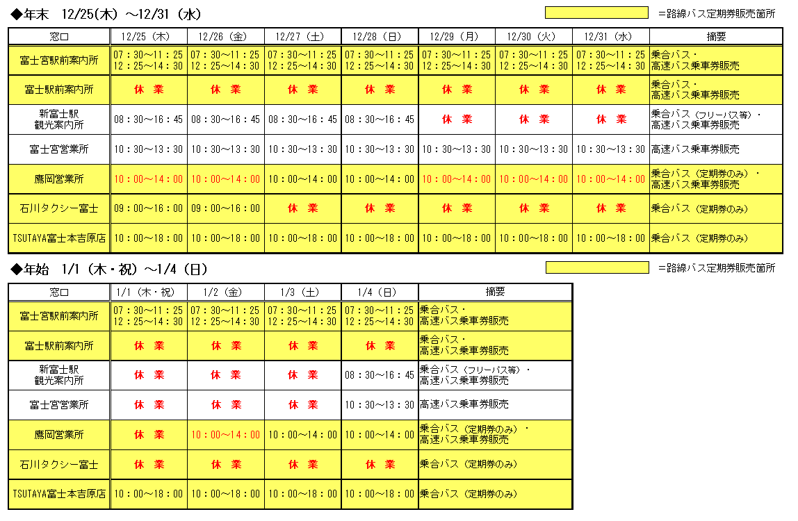 年末年始営業時間